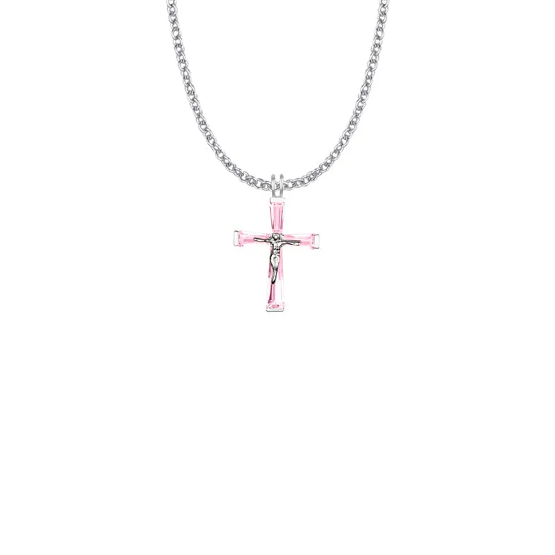 1 Inch Sterling Silver and Glass Crystal October Birthstone Baguette Crucifix Necklace