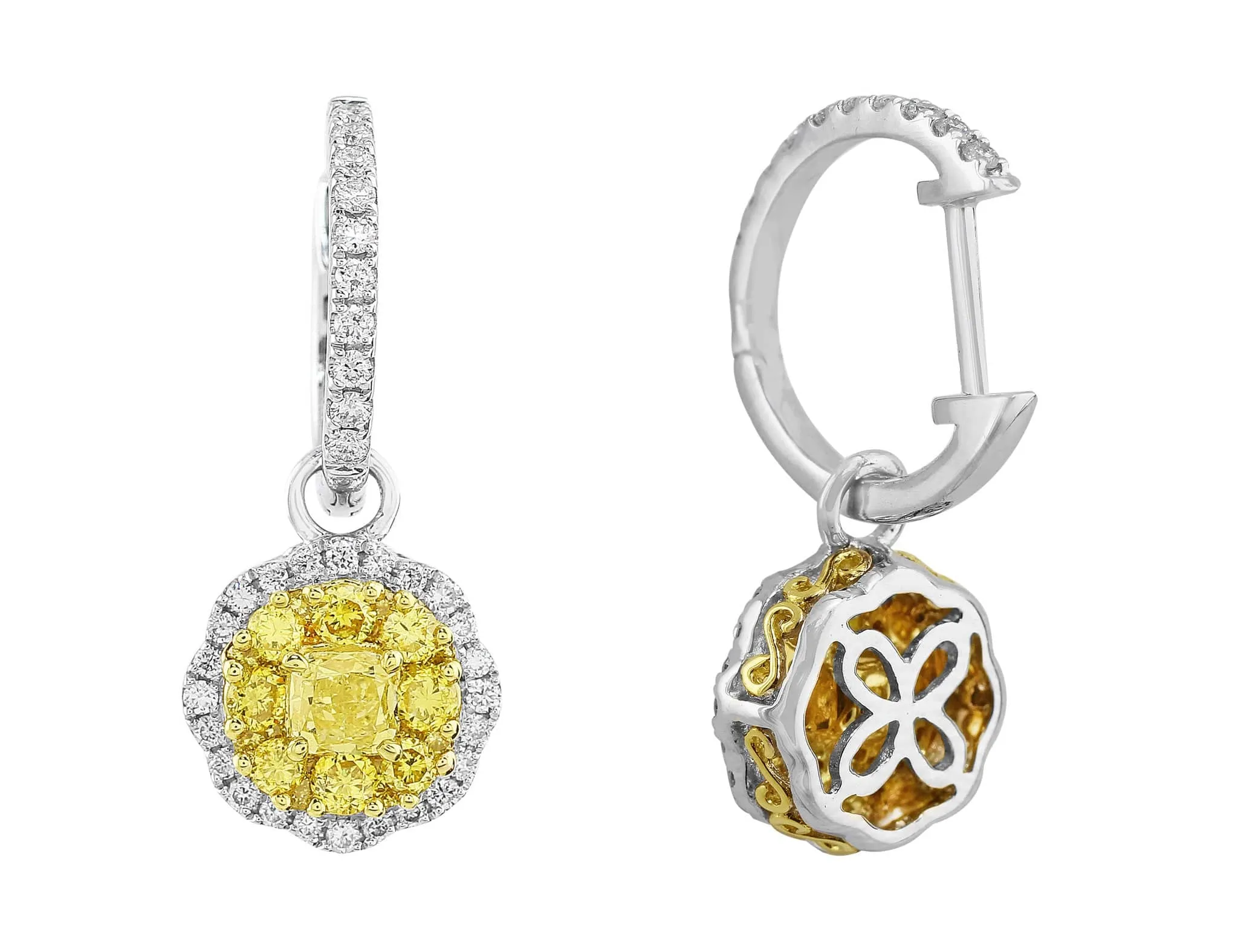 18k White Gold Octagonal Yellow Diamond Drop Earrings