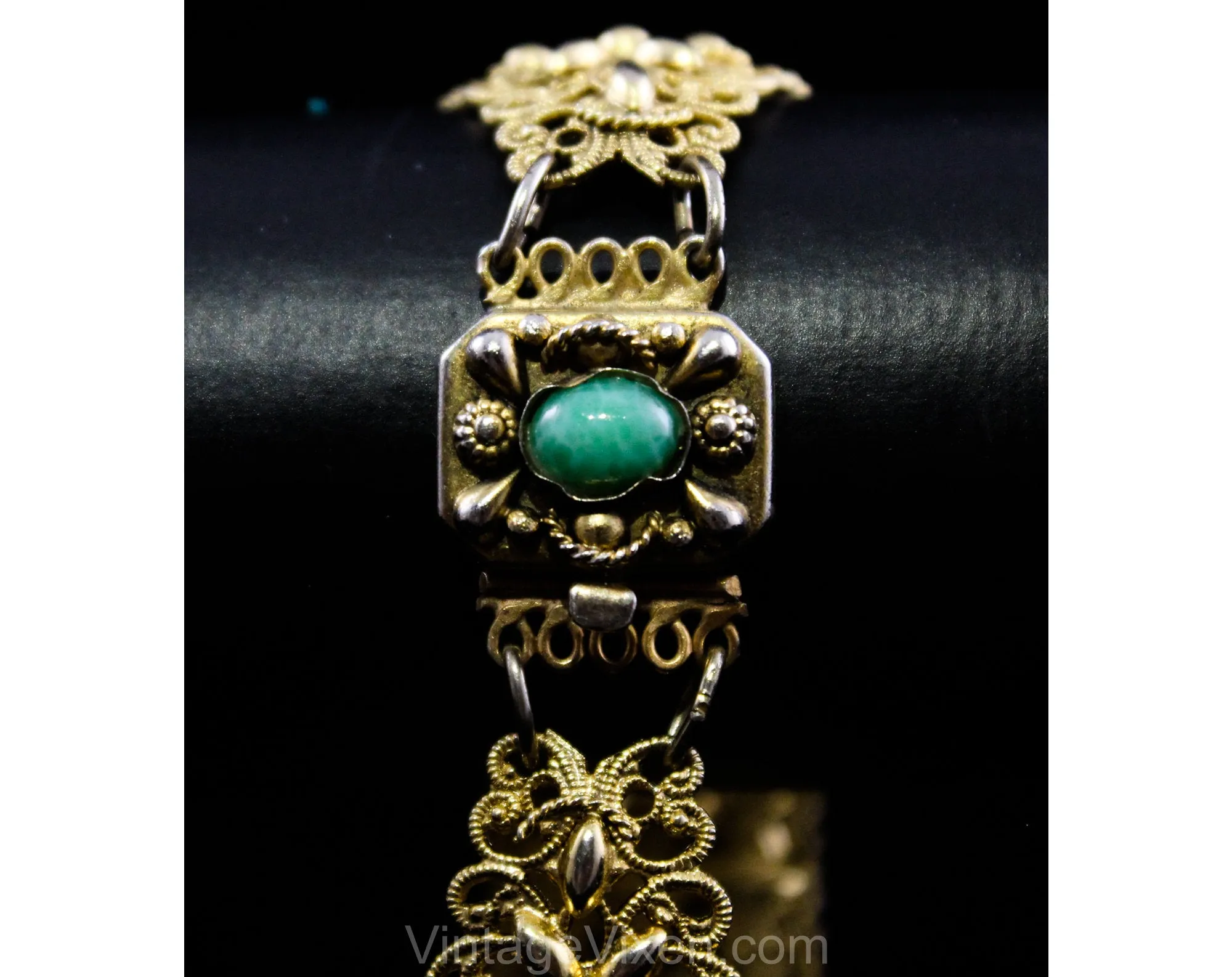 1950s Baroque Style Bracelet - Ornate Victorian Inspired Gold Hue Filigree - Marbled Green Oval Cabochons - 50s 60s Antique Look Panels