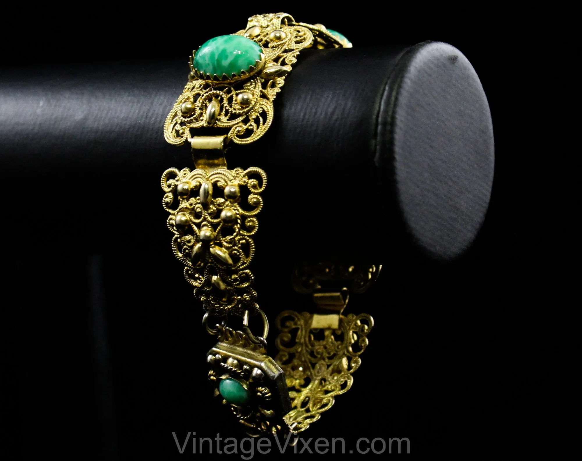 1950s Baroque Style Bracelet - Ornate Victorian Inspired Gold Hue Filigree - Marbled Green Oval Cabochons - 50s 60s Antique Look Panels