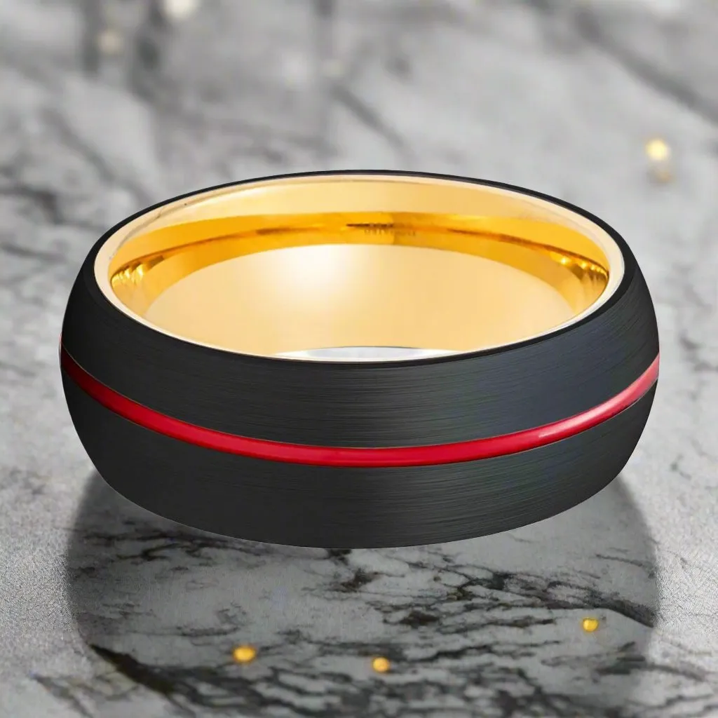 ACROBA | Gold Ring, Black Tungsten Ring, Red Groove, Domed