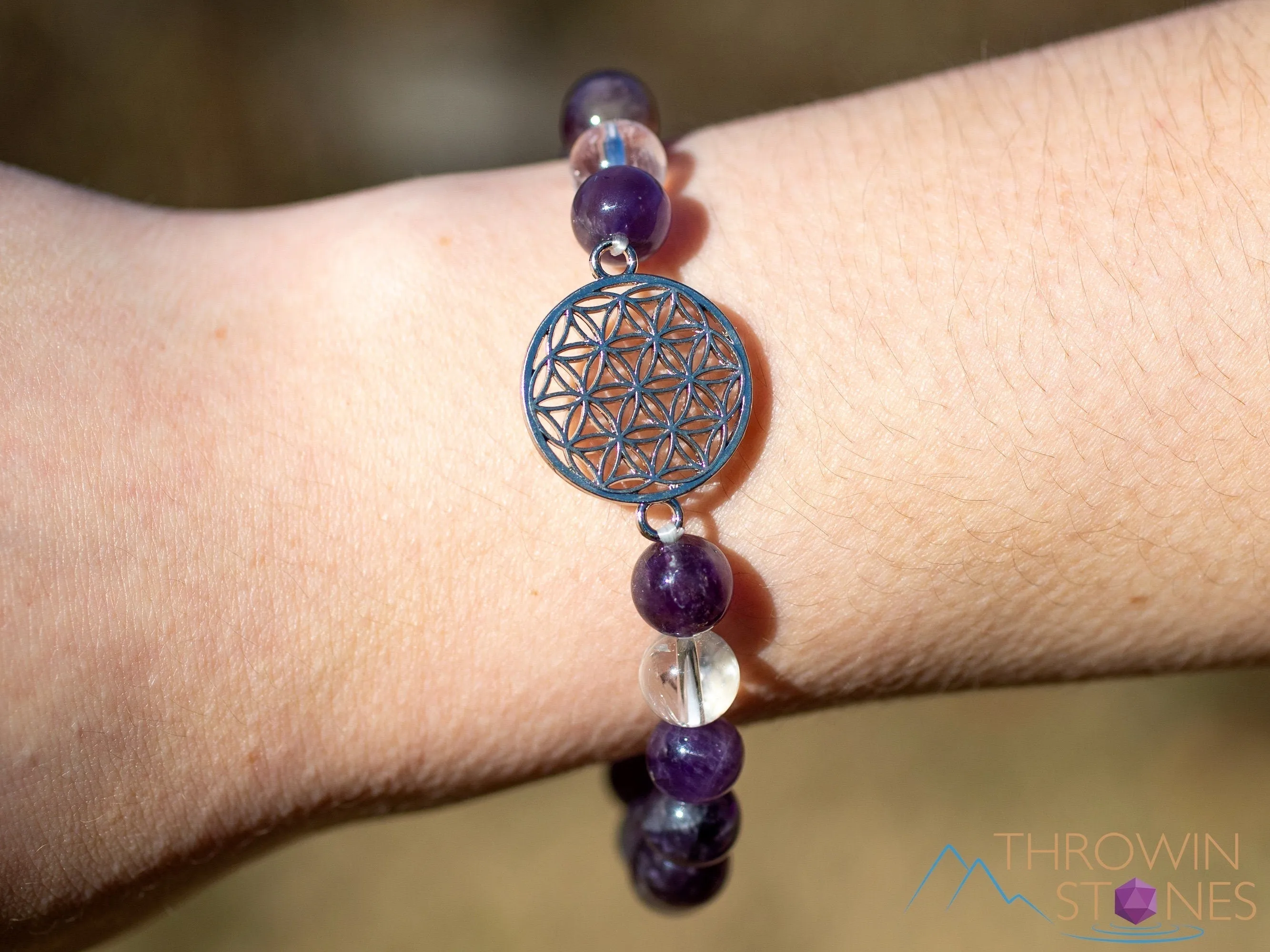 AMETHYST Crystal Bracelet - Flower of Life, Clear QUARTZ, Round Beads - Charm Bracelet, Beaded Bracelet, Handmade Jewelry, E1949