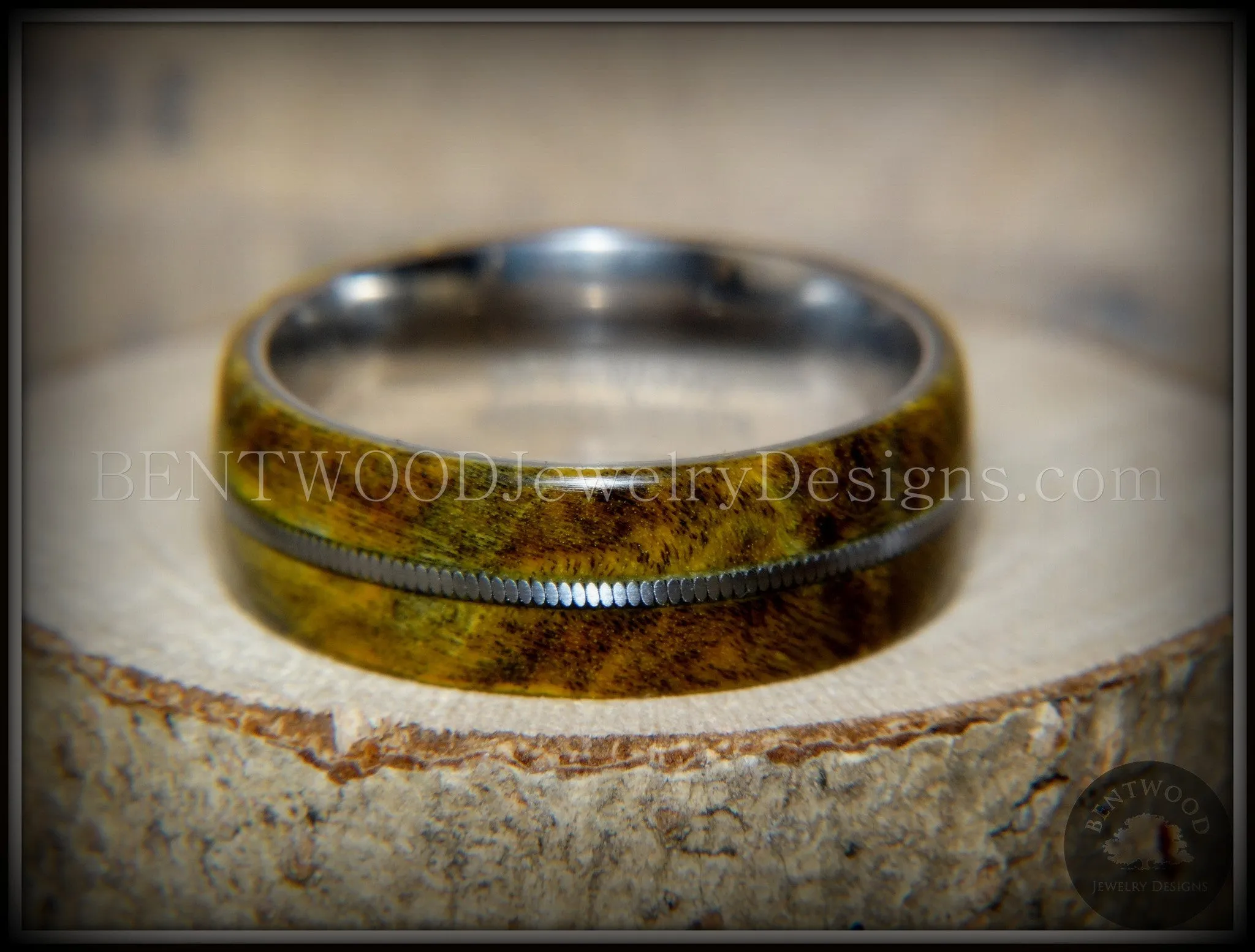 Bentwood Ring - "Forest Dye" Box Elder on Surgical Stainless Steel with Silver Guitar String Inlay