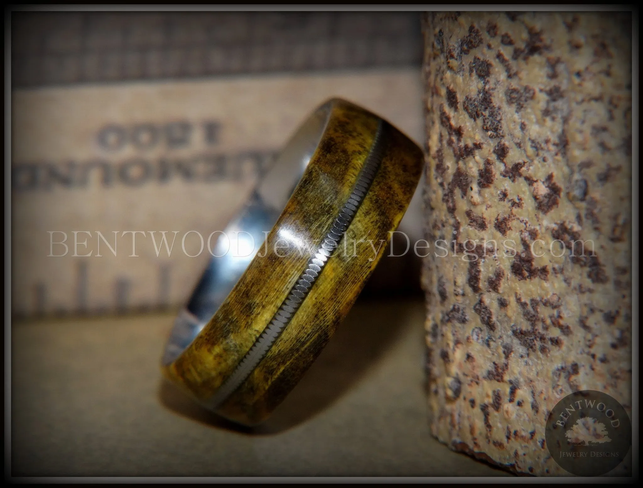 Bentwood Ring - "Forest Dye" Box Elder on Surgical Stainless Steel with Silver Guitar String Inlay