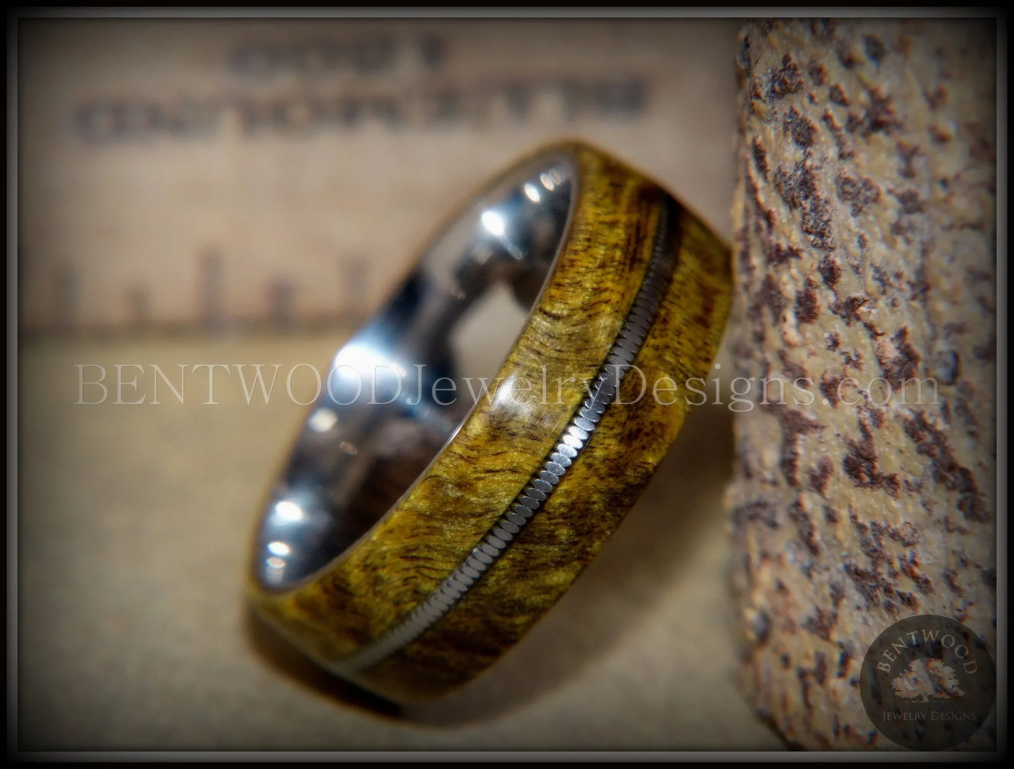 Bentwood Ring - "Forest Dye" Box Elder on Surgical Stainless Steel with Silver Guitar String Inlay