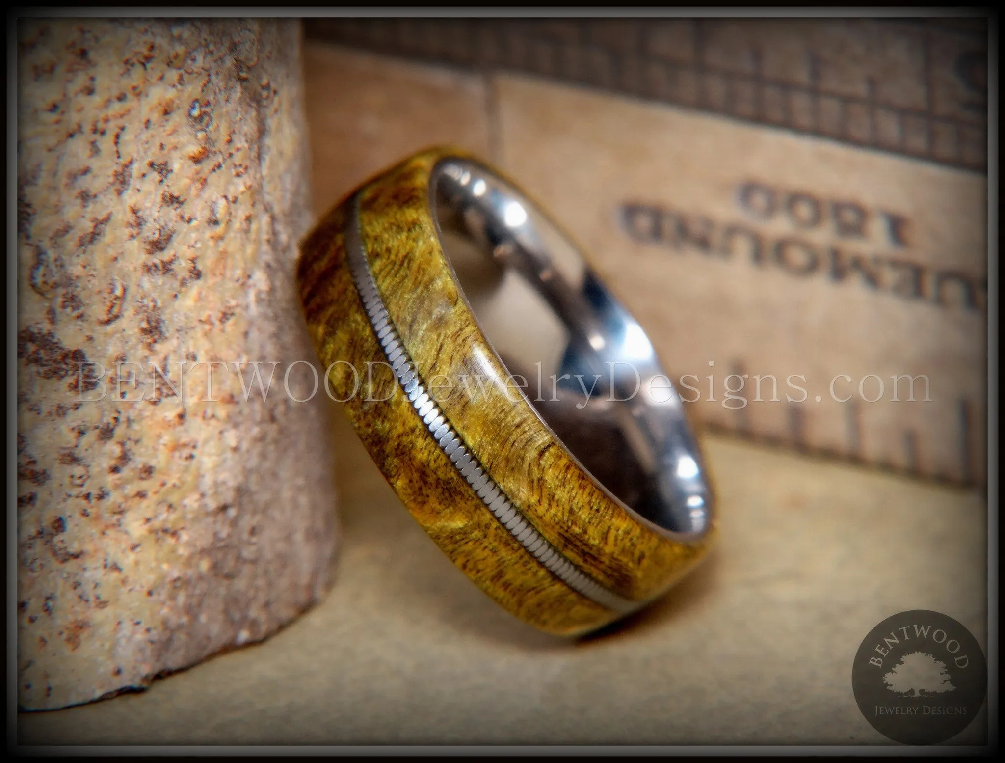 Bentwood Ring - "Forest Dye" Box Elder on Surgical Stainless Steel with Silver Guitar String Inlay
