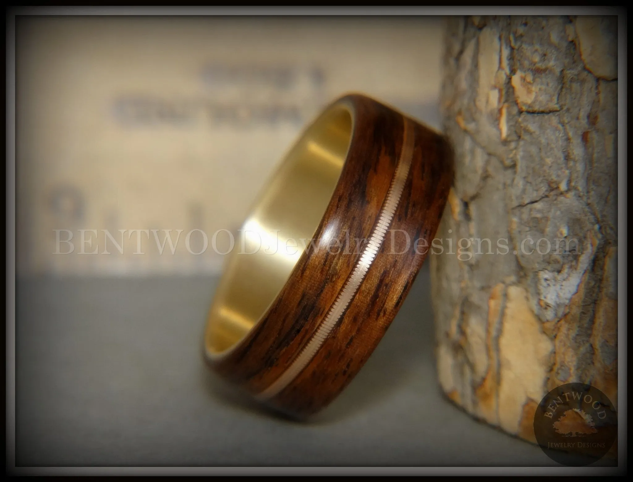 Bentwood Ring - "Golden Gate Acoustic" Rosewood Wood Ring Bronze Acoustic Guitar String Inlay on 14k Solid Yellow Gold Core