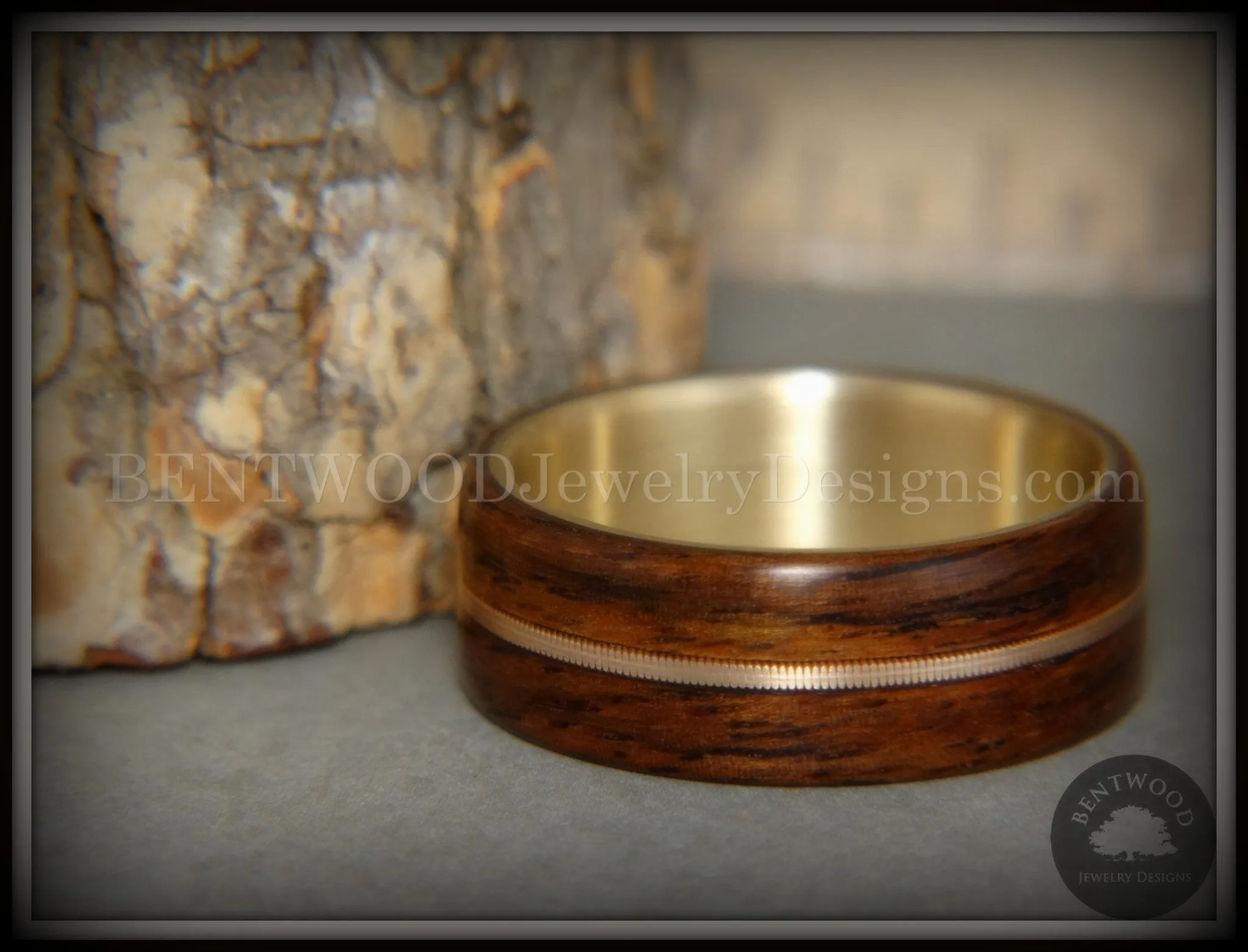 Bentwood Ring - "Golden Gate Acoustic" Rosewood Wood Ring Bronze Acoustic Guitar String Inlay on 14k Solid Yellow Gold Core