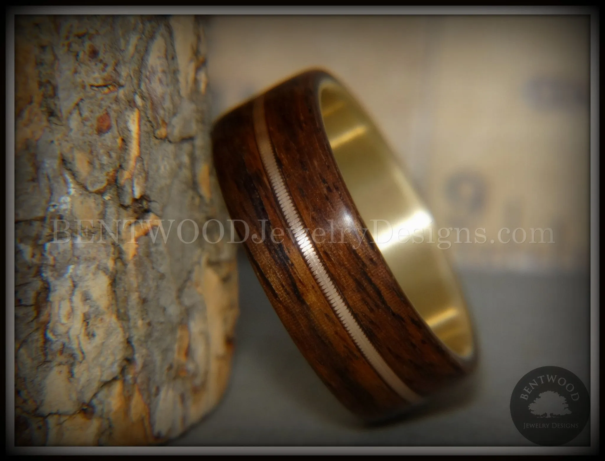 Bentwood Ring - "Golden Gate Acoustic" Rosewood Wood Ring Bronze Acoustic Guitar String Inlay on 14k Solid Yellow Gold Core