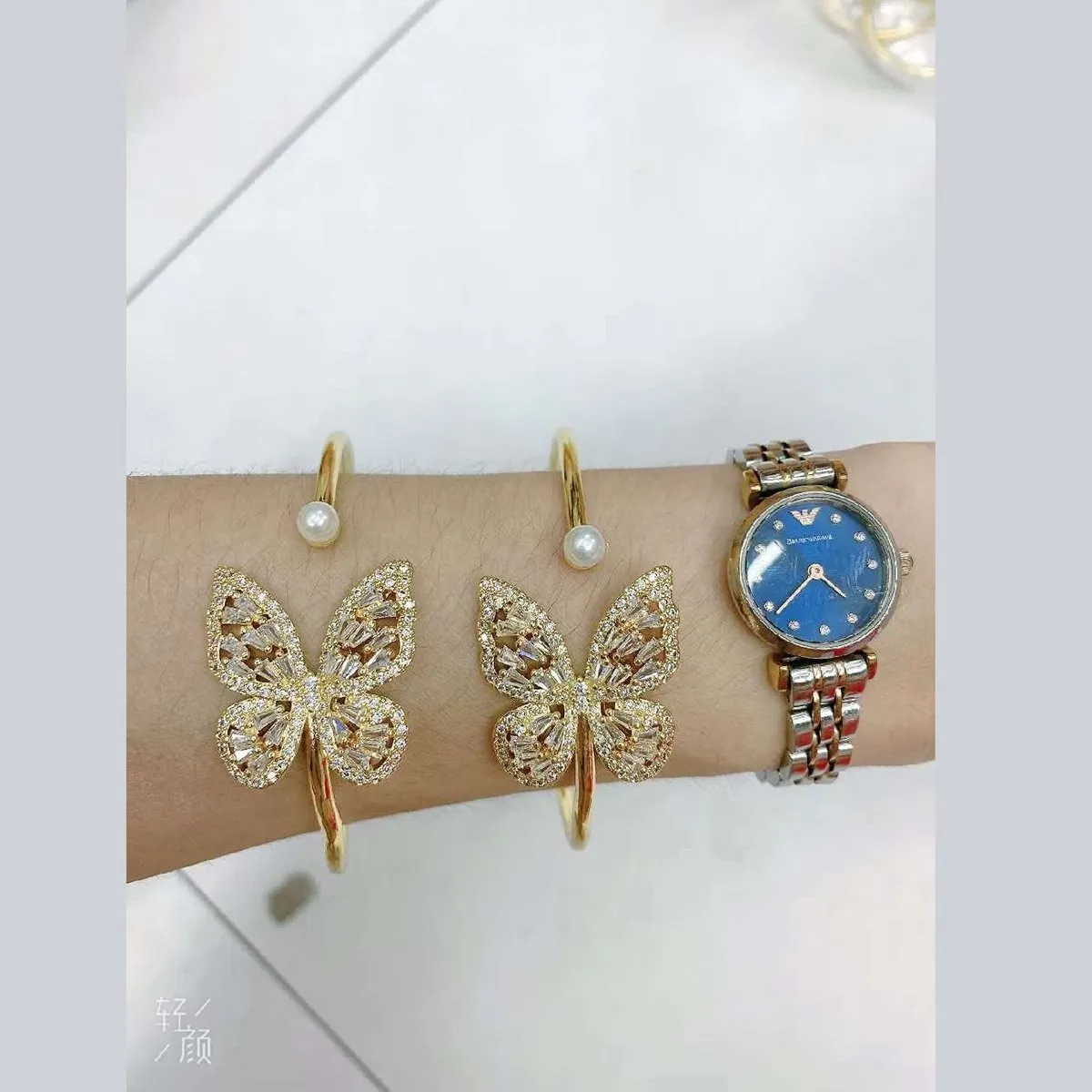 Butterfly Baguette Gold Copper American Diamonds Adjustable Kada Bangle For Women