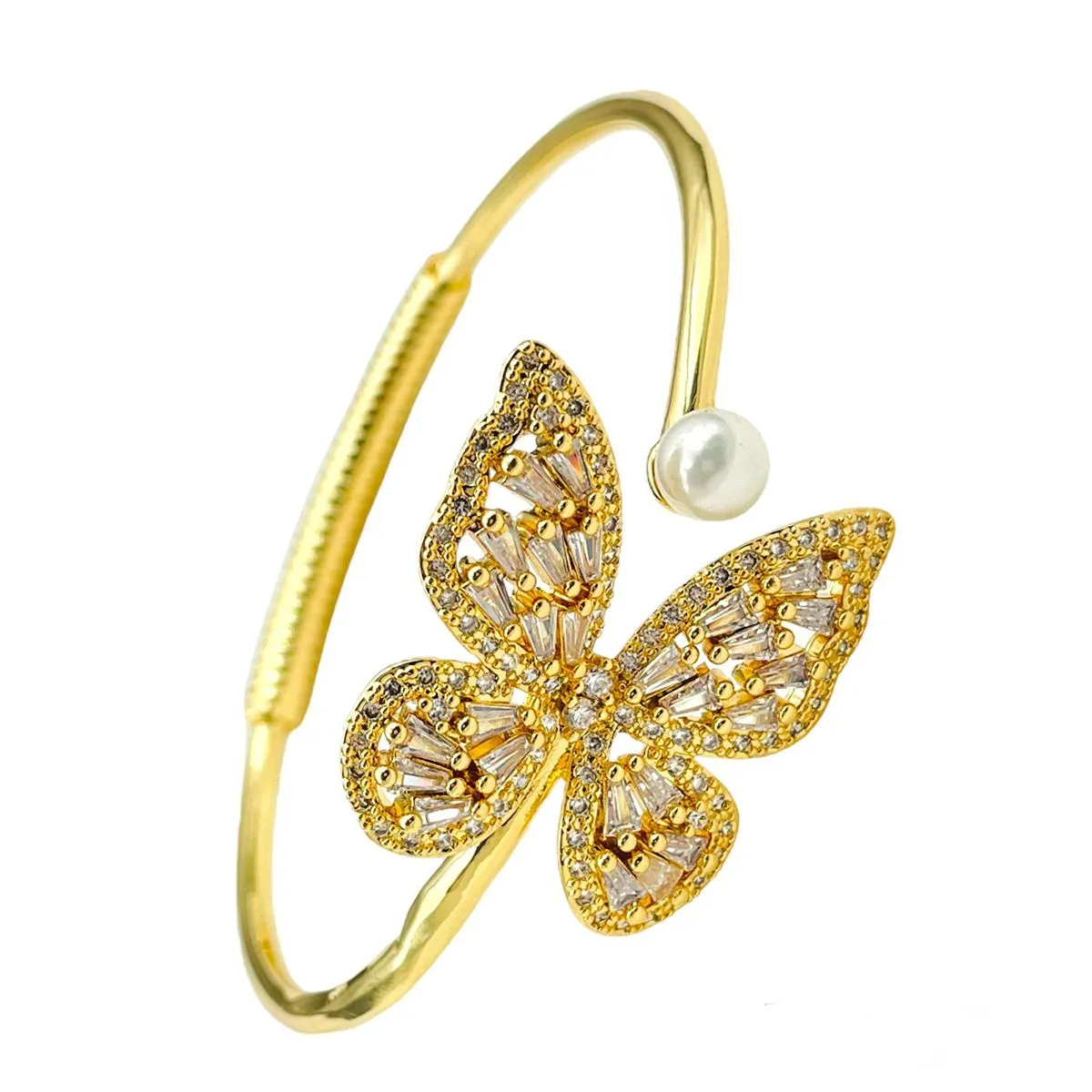 Butterfly Baguette Gold Copper American Diamonds Adjustable Kada Bangle For Women
