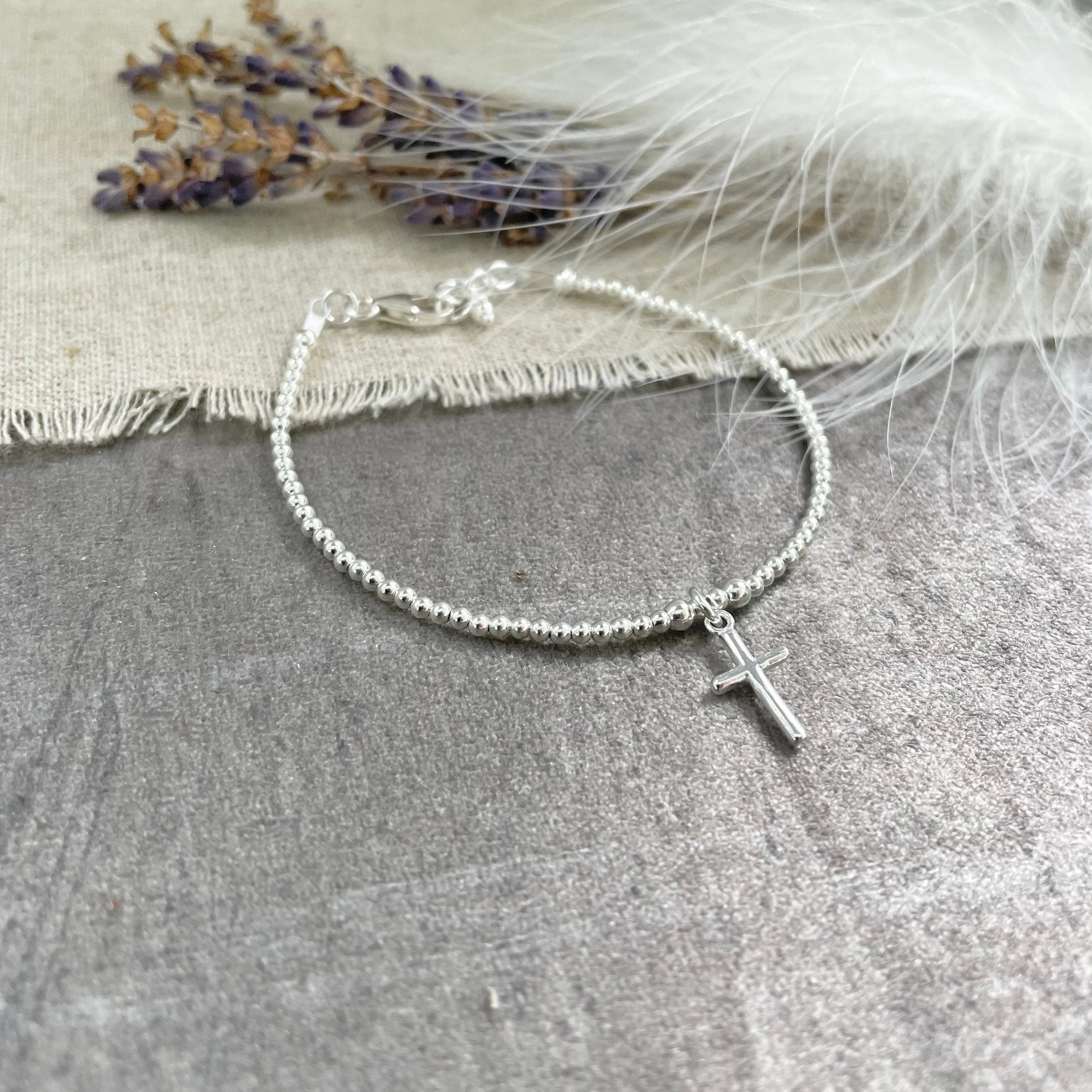 Cross Charm Bracelet, Sterling Silver Religious Gift