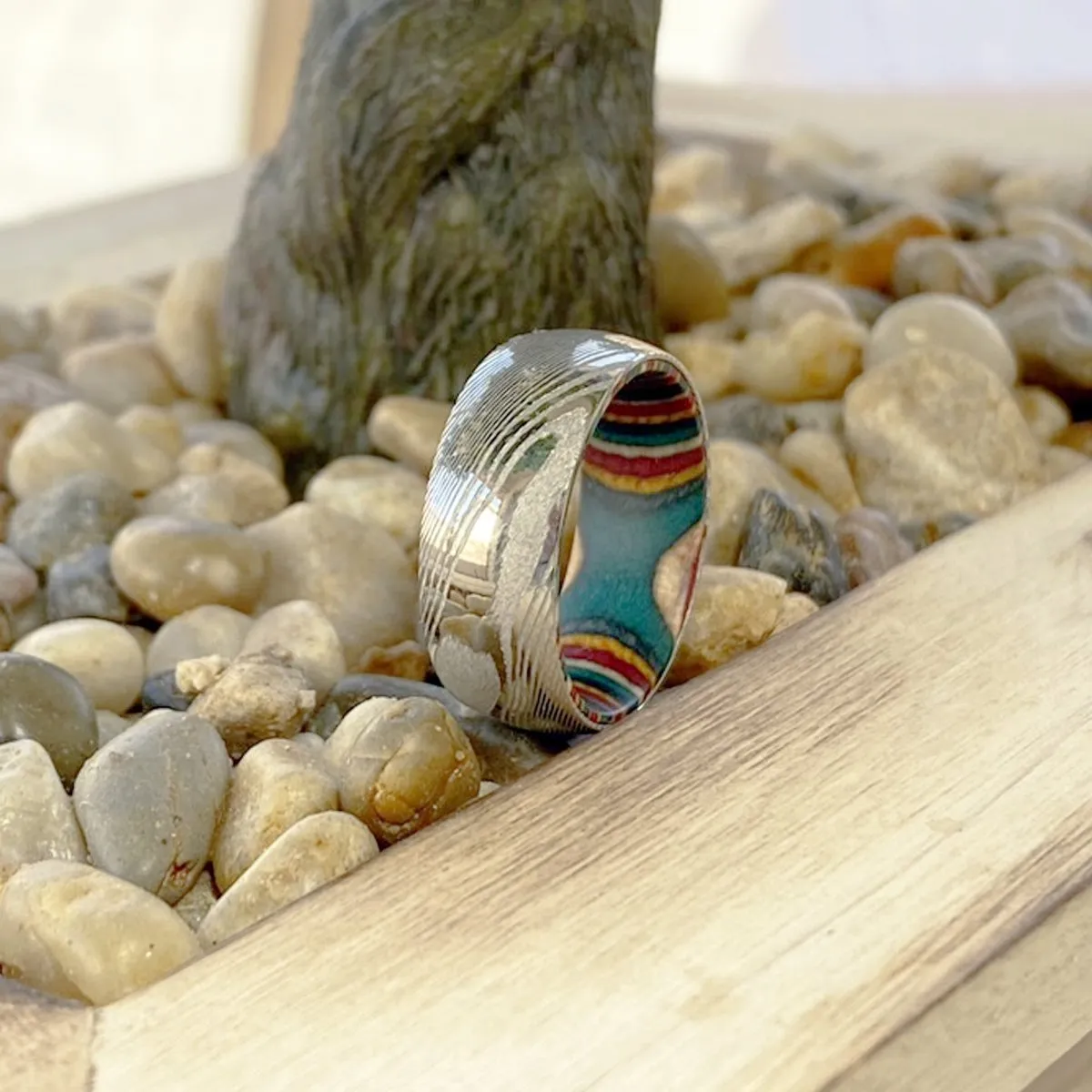 CURVE | Multi Color Wood, Silver Damascus Steel, Domed