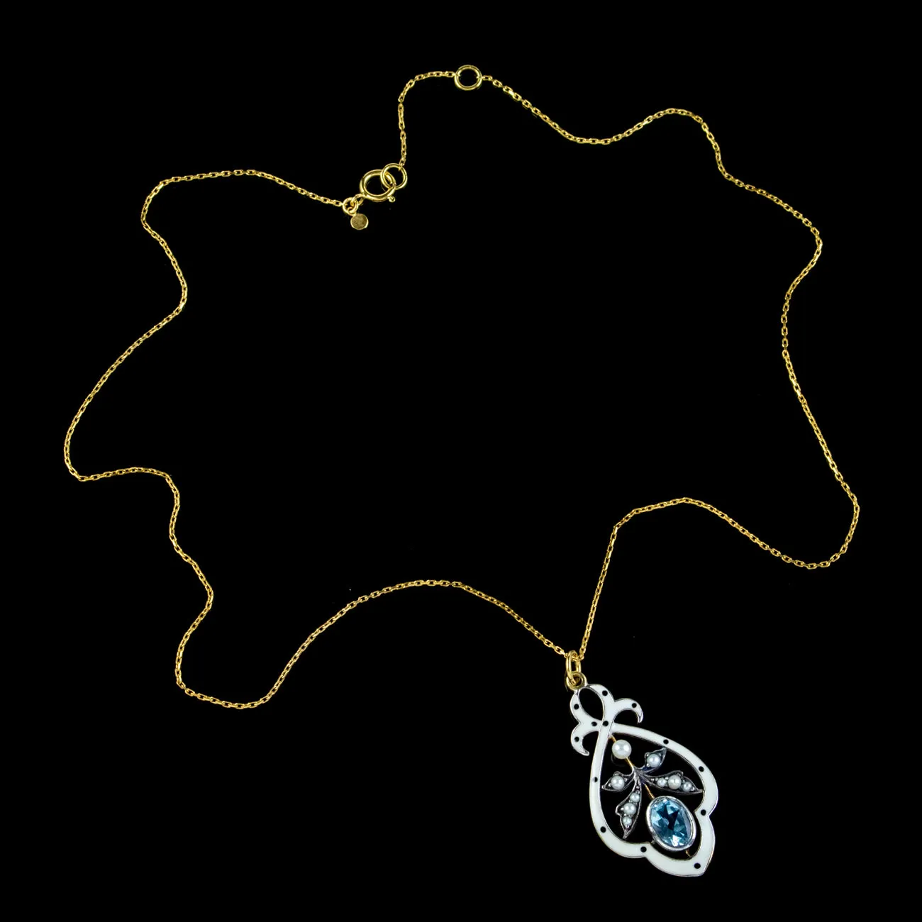 Edwardian Style Blue Topaz Pearl Pendant Necklace White Enamel 9Ct Gold Silver