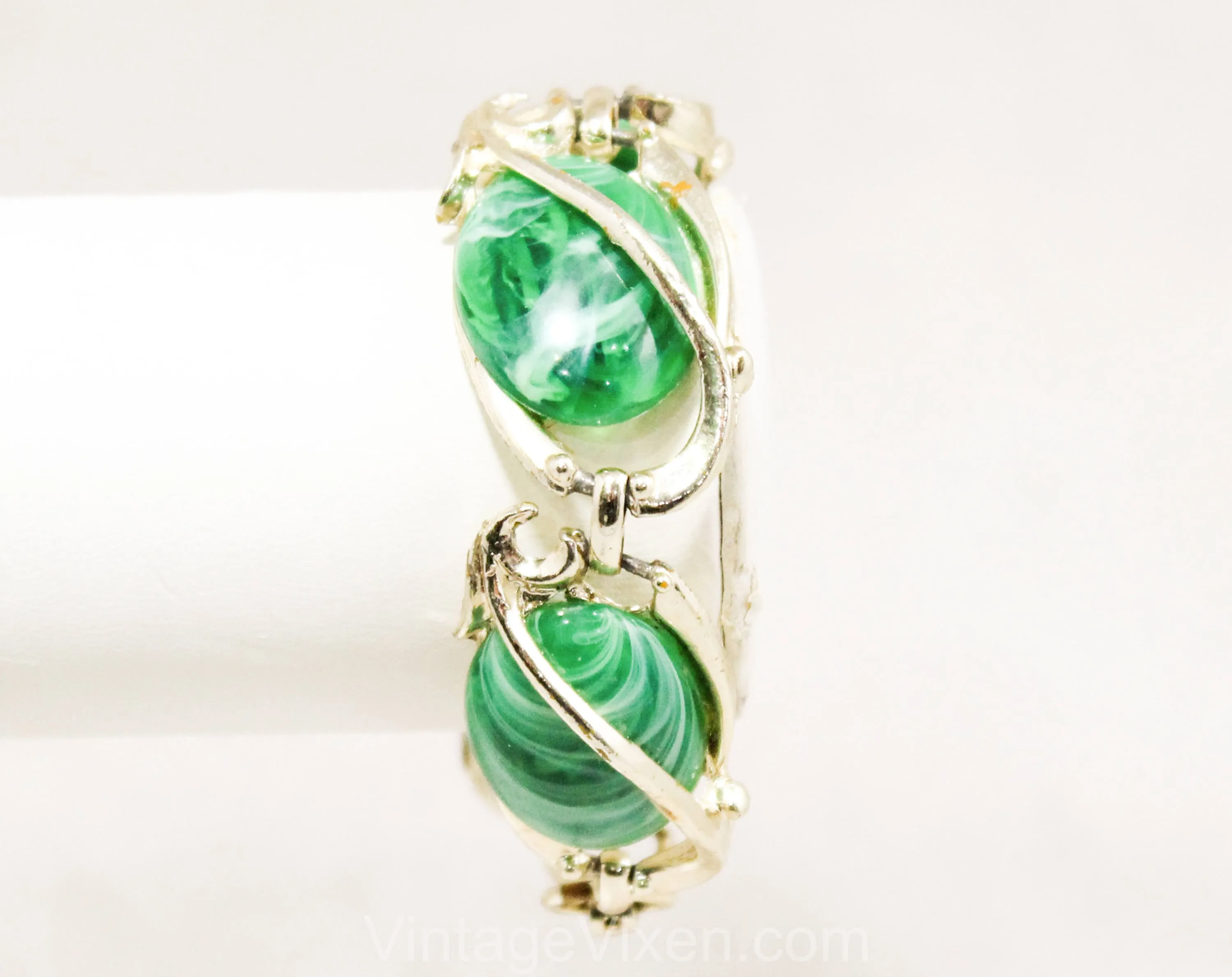 Emerald Green Ovals Bracelet - Lyrical Gold Hued Metal - 1960s Marbleized Plastic - Art Nouveau Antique Look - Goldtone Flourishes - 50405