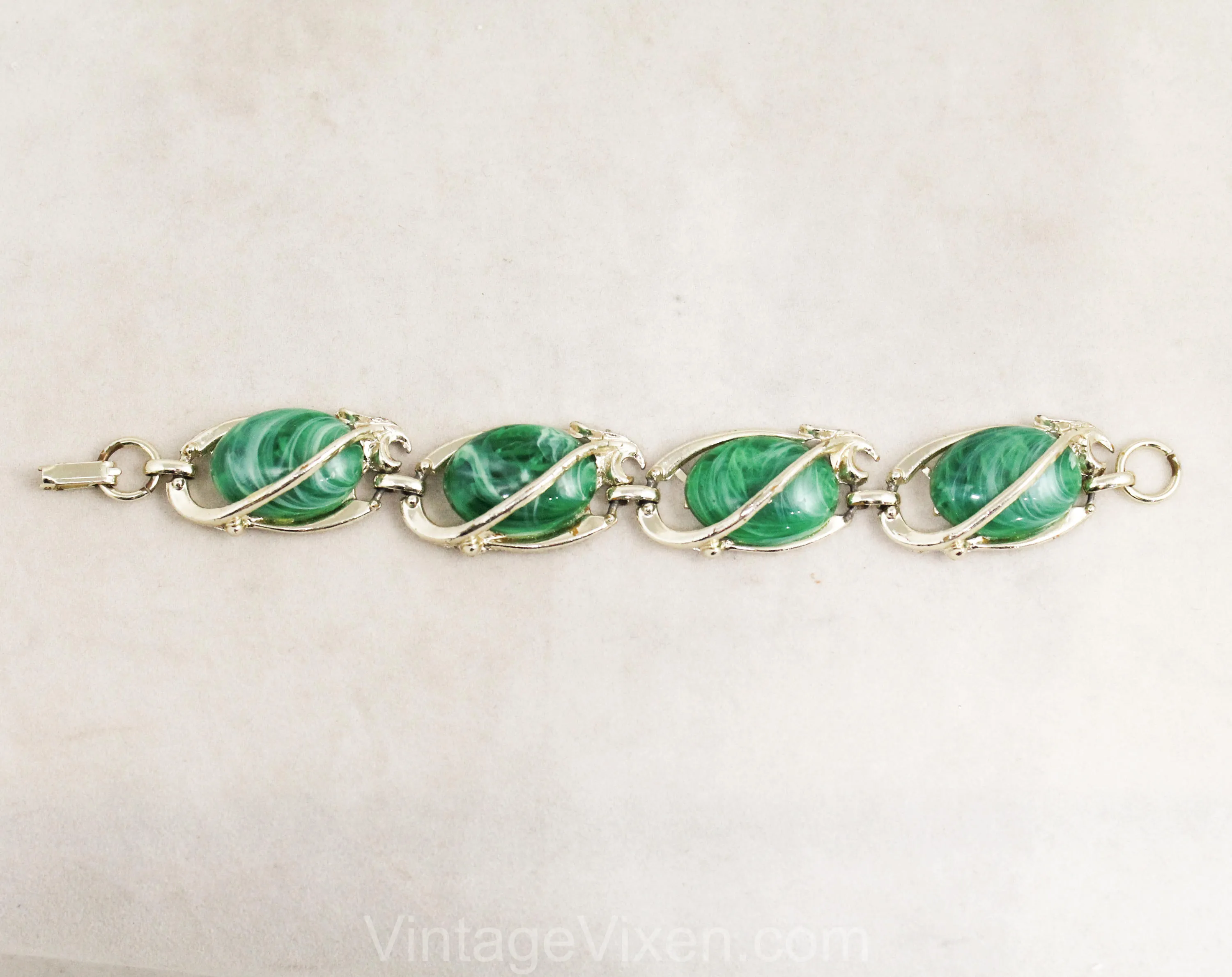 Emerald Green Ovals Bracelet - Lyrical Gold Hued Metal - 1960s Marbleized Plastic - Art Nouveau Antique Look - Goldtone Flourishes - 50405