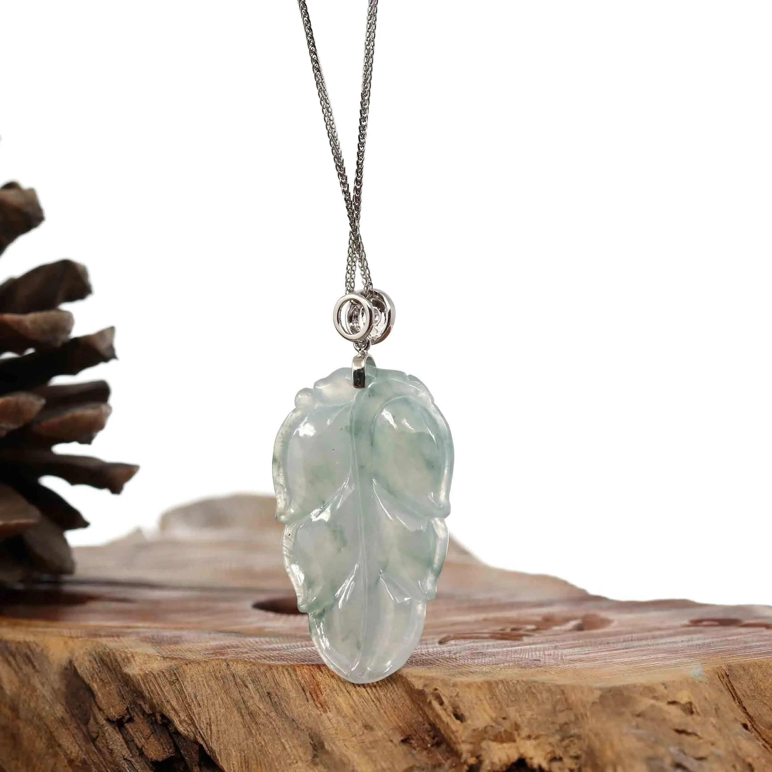 Genuine Ice Jadeite Jade Jin Zhi Yu Ye (Leaf) Necklace With White Gold VS1 Diamond Bail