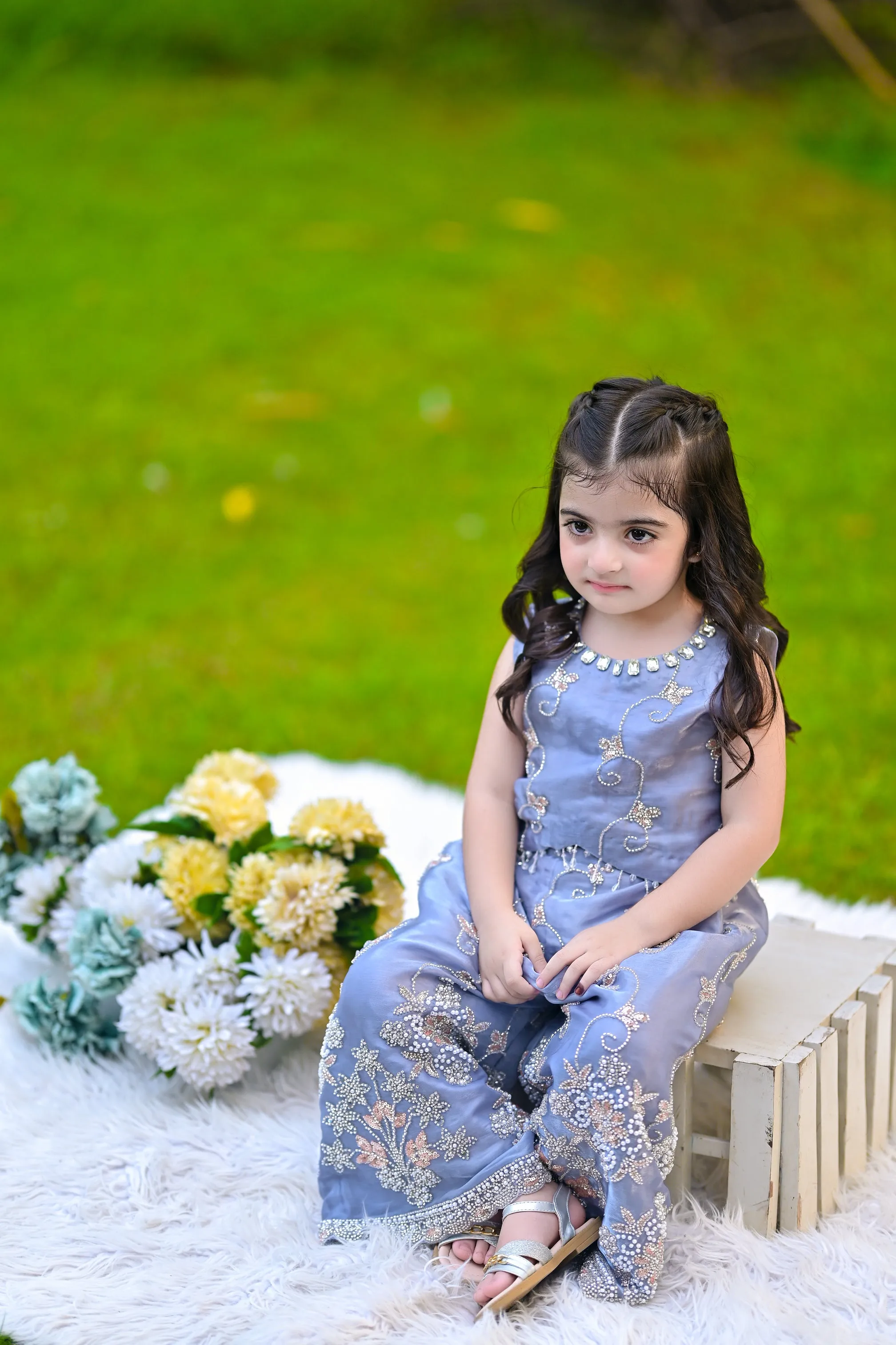 Grey Embroidered Korean Silk Dress