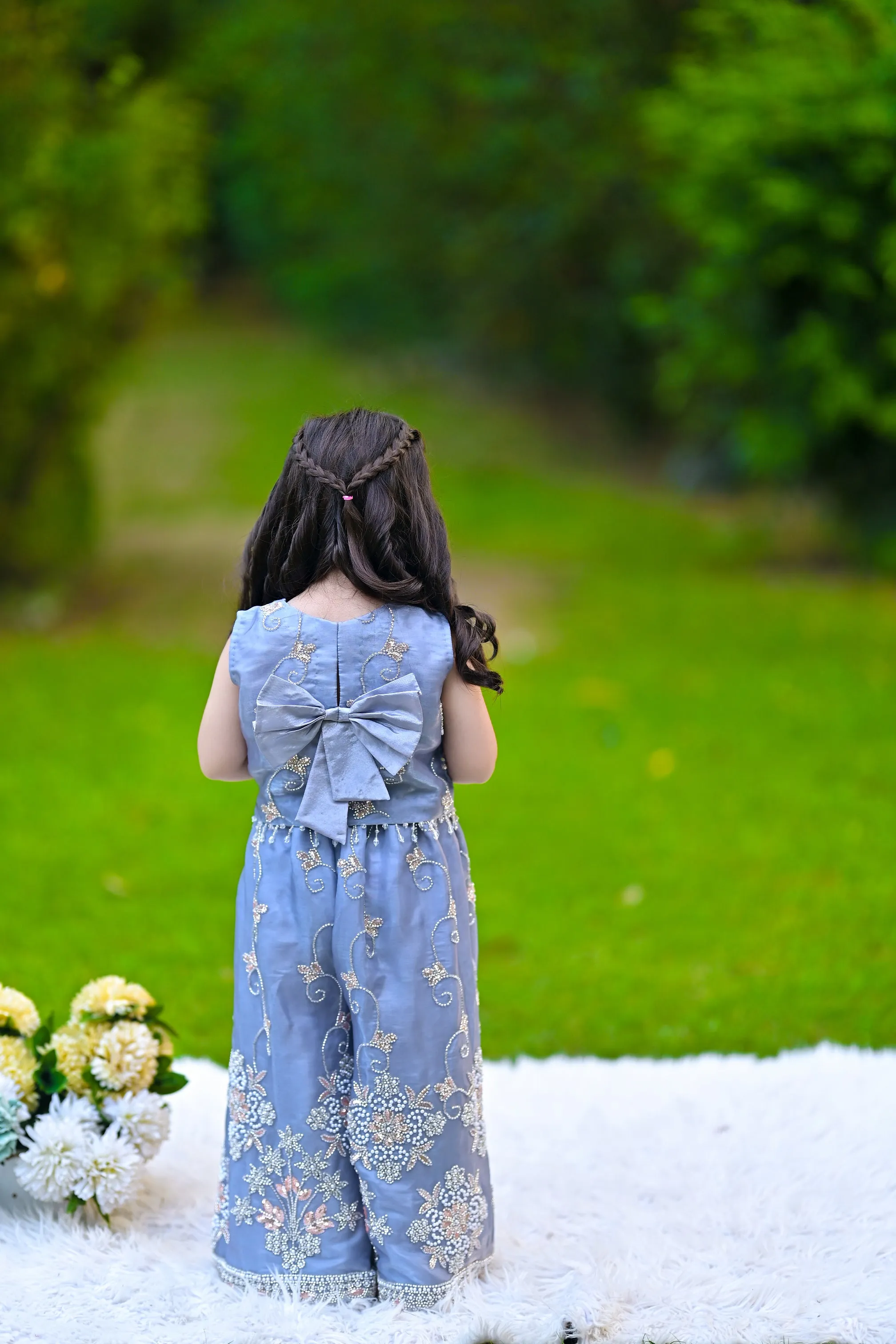 Grey Embroidered Korean Silk Dress