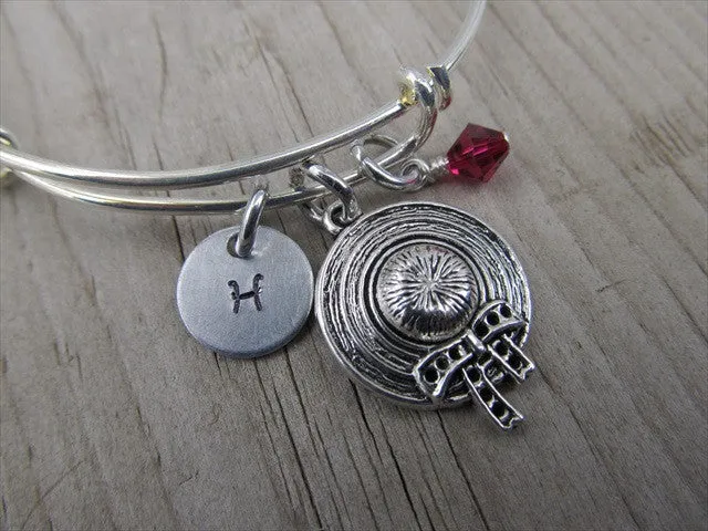 Hat/Bonnet Charm Bracelet- Adjustable Bangle Bracelet with an Initial Charm and an Accent Bead of your choice