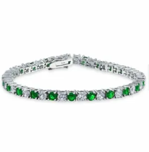 Jewellery Kingdom Emerald Green Tennis Cubic Zirconia Rhodium Ladies Bracelet (Silver)