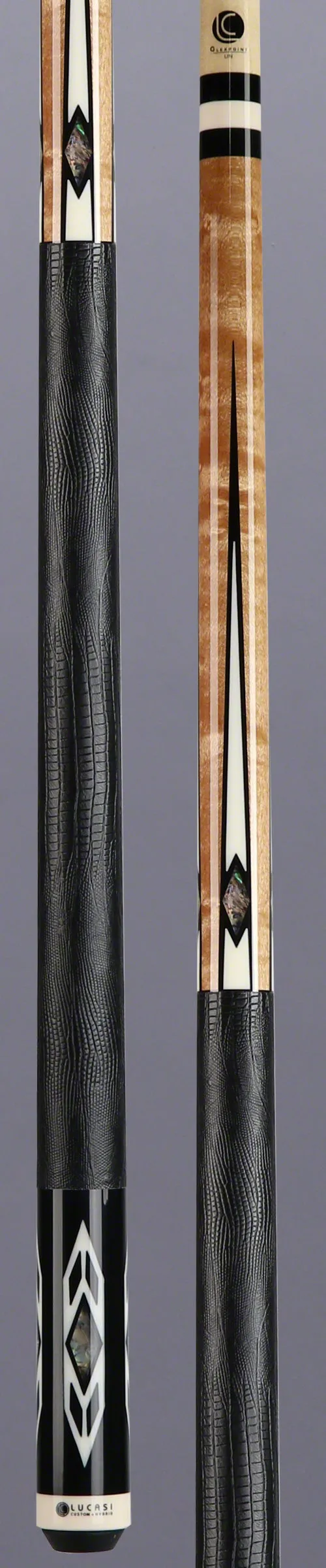 Lucasi Zero Flexpoint Antique Stained Birdseye Maple with Abalone Inlays and Lizard Embossed Black Leather Wrap Pool Cue - LZC24