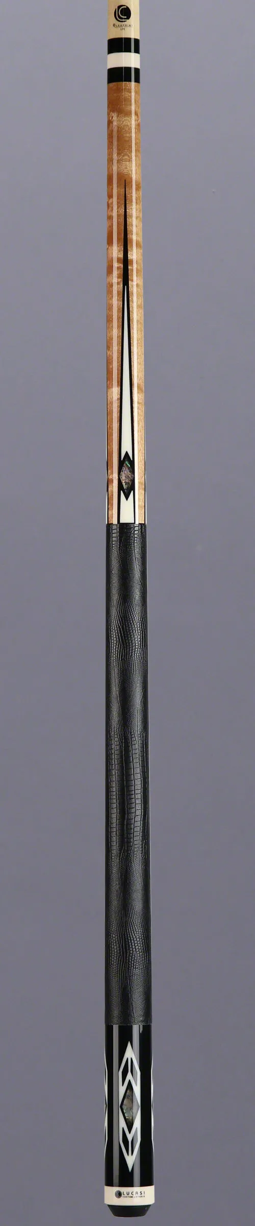 Lucasi Zero Flexpoint Antique Stained Birdseye Maple with Abalone Inlays and Lizard Embossed Black Leather Wrap Pool Cue - LZC24