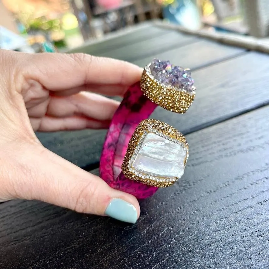 Raw Amethyst and Baroque Pearl Open Cuff Leather Bracelet