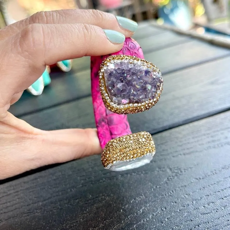 Raw Amethyst and Baroque Pearl Open Cuff Leather Bracelet