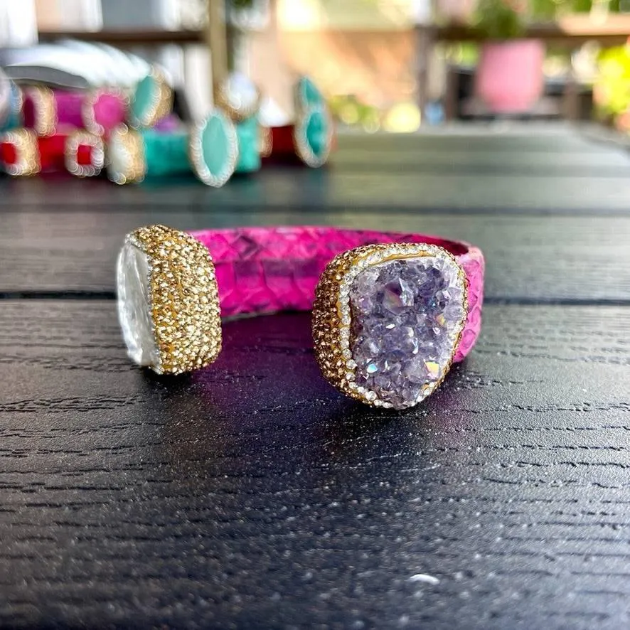 Raw Amethyst and Baroque Pearl Open Cuff Leather Bracelet