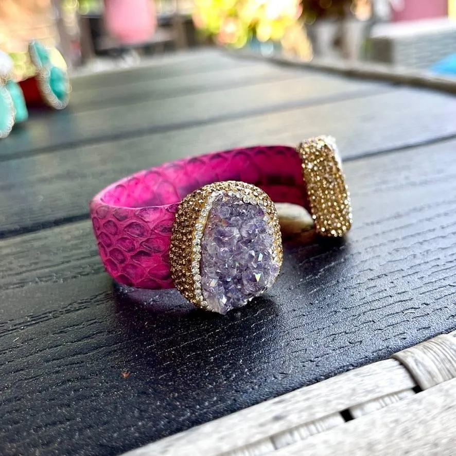 Raw Amethyst and Baroque Pearl Open Cuff Leather Bracelet