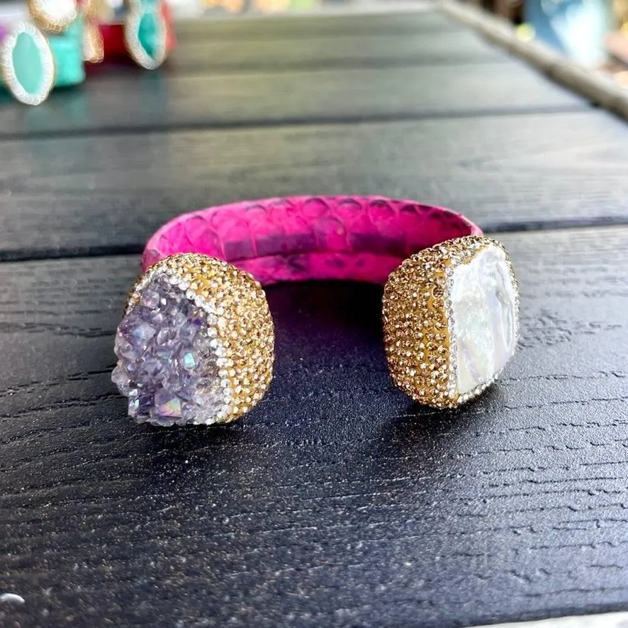 Raw Amethyst and Baroque Pearl Open Cuff Leather Bracelet