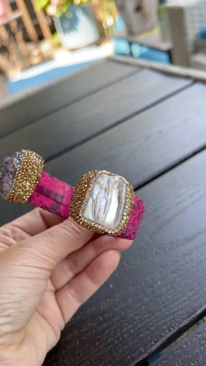 Raw Amethyst and Baroque Pearl Open Cuff Leather Bracelet
