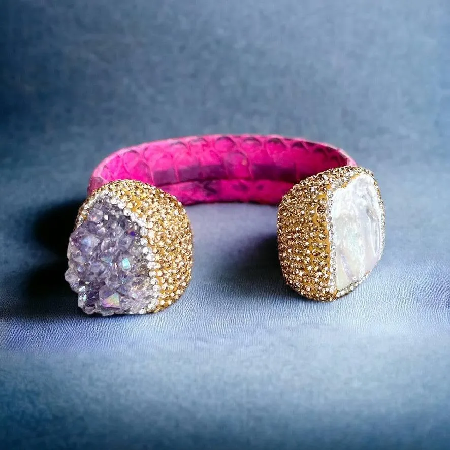 Raw Amethyst and Baroque Pearl Open Cuff Leather Bracelet