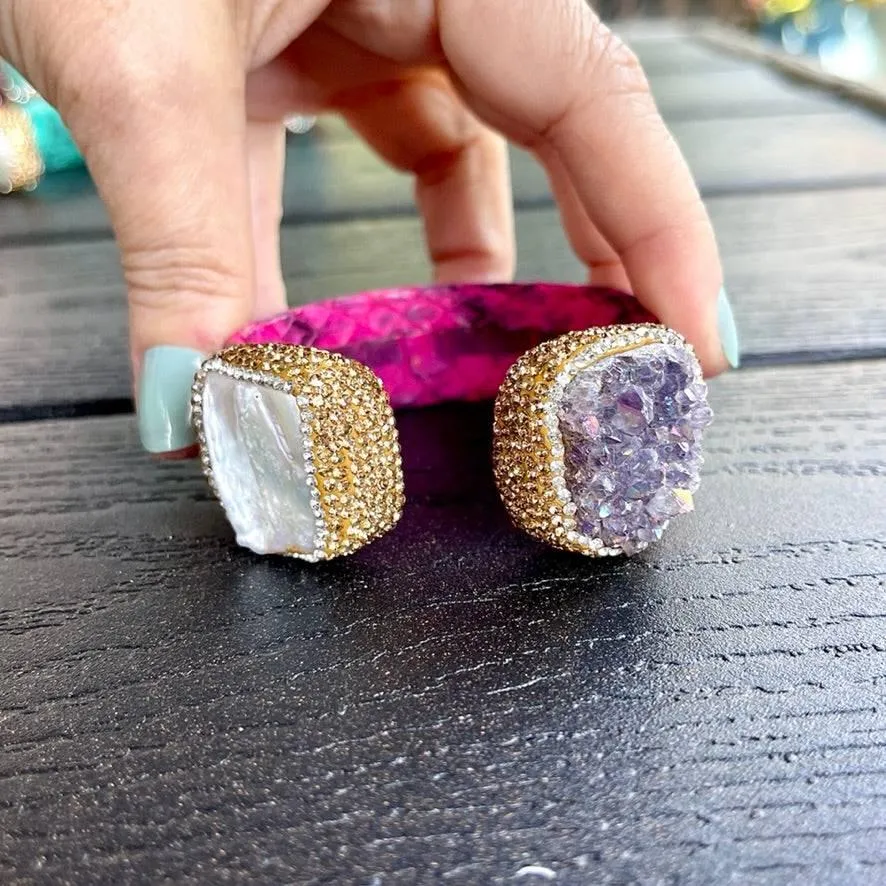 Raw Amethyst and Baroque Pearl Open Cuff Leather Bracelet