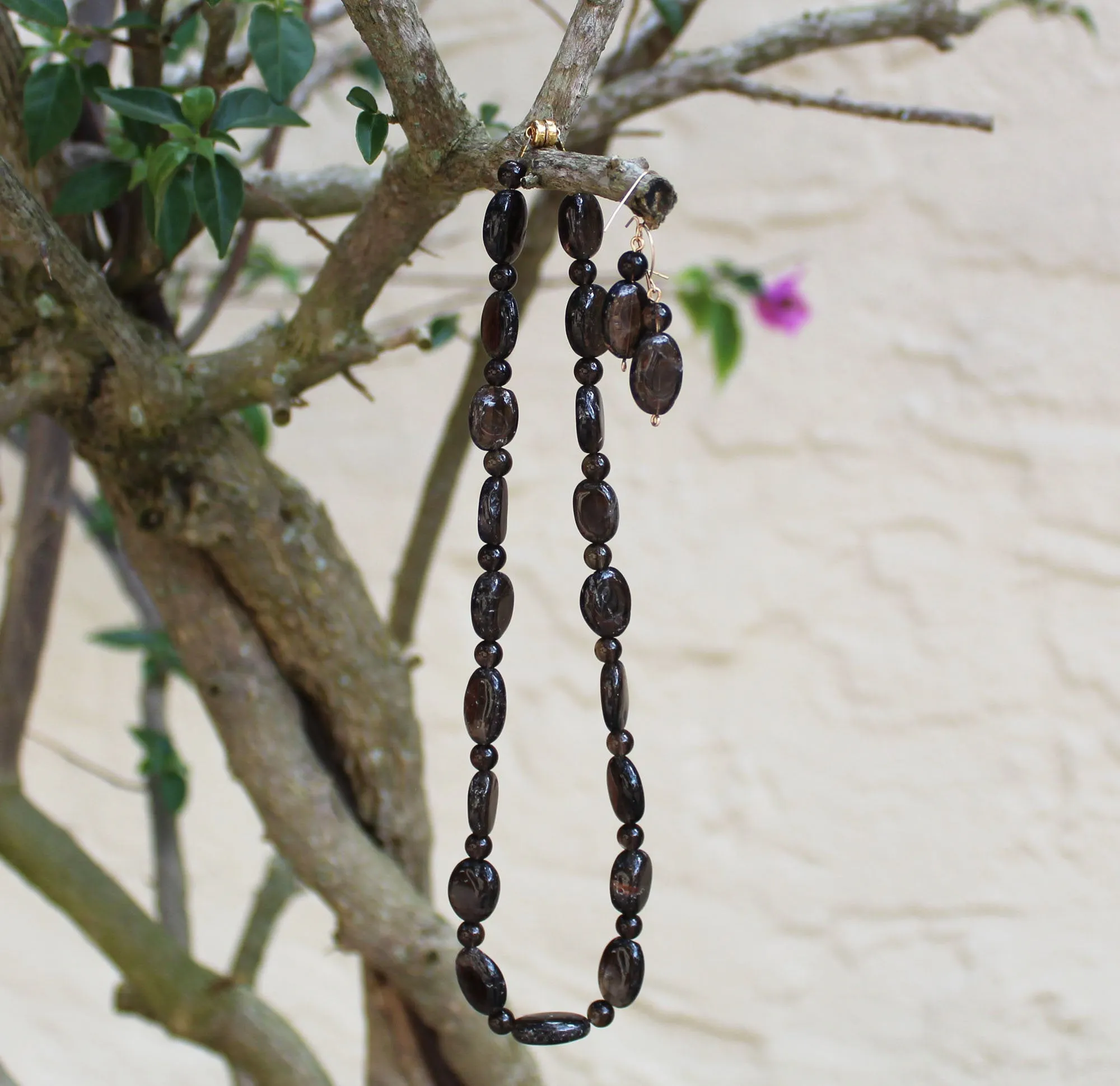 Smoky Quartz Chocolate Brown Beaded Necklace and Earrings Set