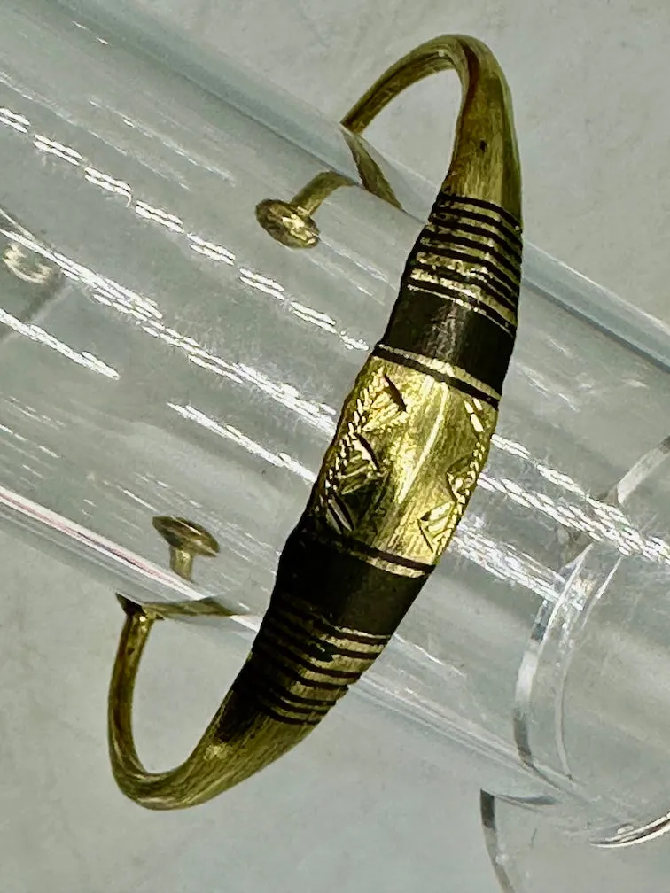 Tuareg Double Bar Inlay Multiple Stripe Etched Center Wide Flat Brass Bracelet
