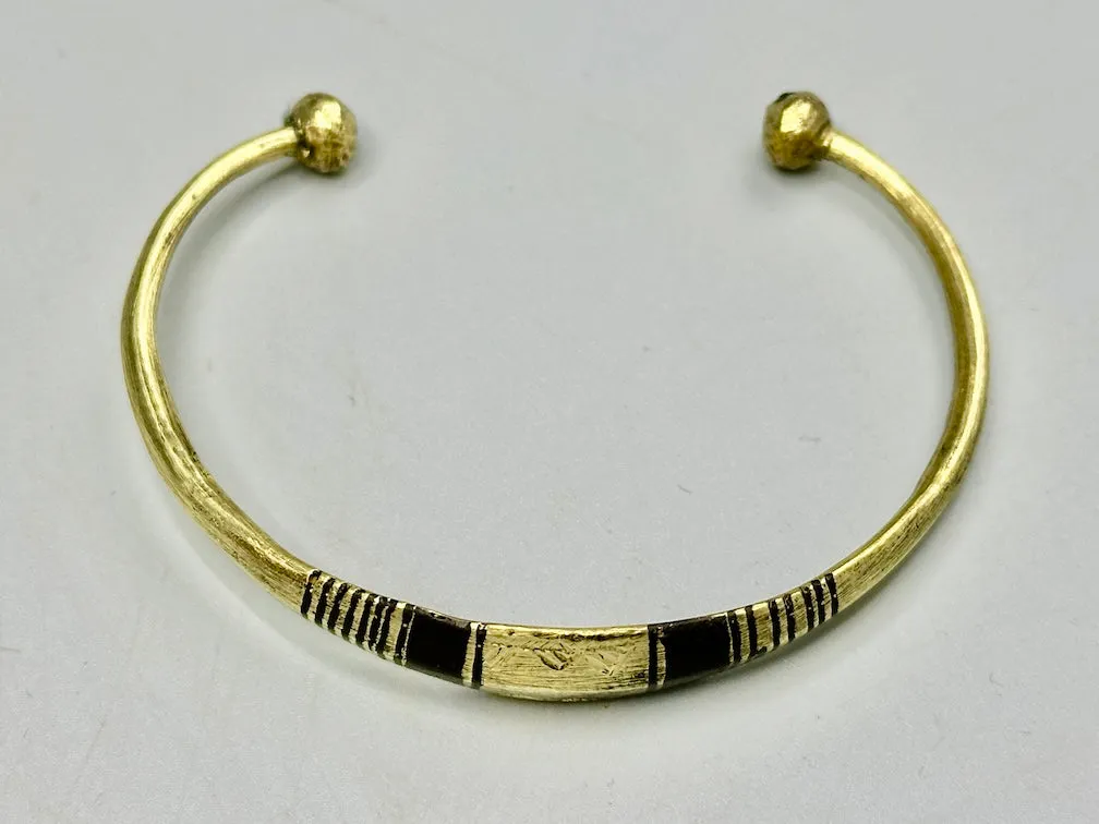 Tuareg Double Bar Inlay Multiple Stripe Etched Center Wide Flat Brass Bracelet