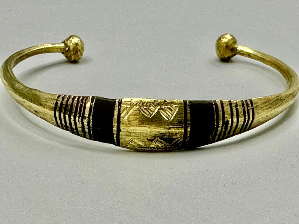 Tuareg Double Bar Inlay Multiple Stripe Etched Center Wide Flat Brass Bracelet